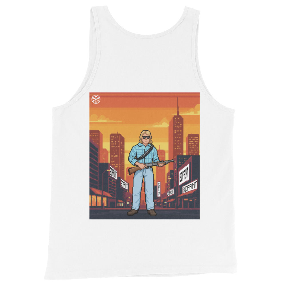 White-Pixel Disobey Tank Top from B.Different Clothing, back view, graffiti-inspired streetwear