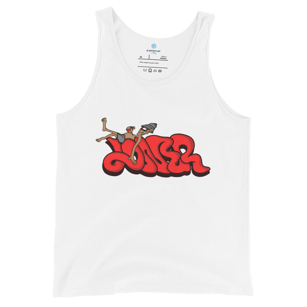 front of Loner tank top white by B.Different Clothing street art graffiti inspired streetwear brand for weirdos, outsiders, and misfits.