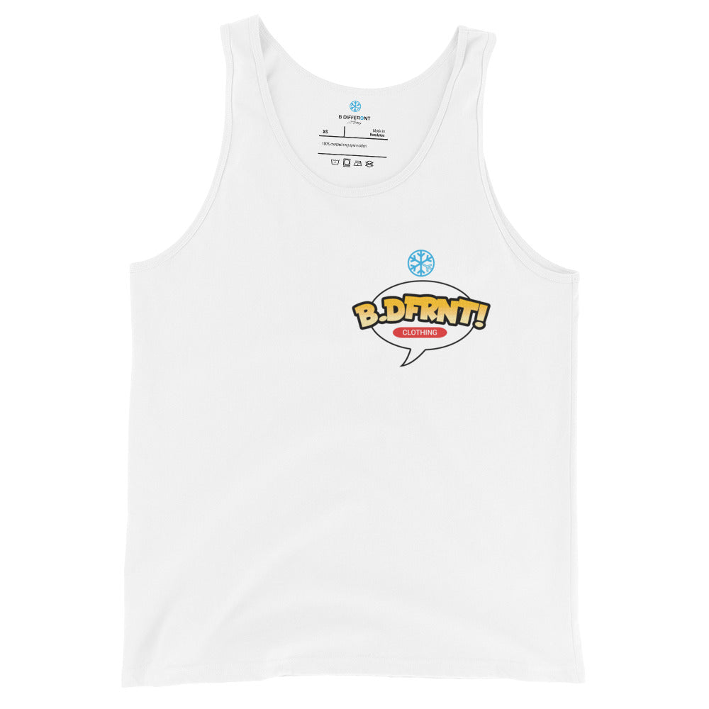 front of graffiti artist vinyl figure tank top white by B.Different Clothing graffiti street art inspired streetwear brand