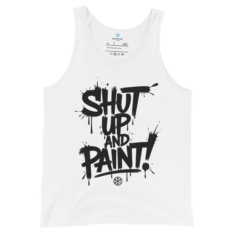 White-Shut Up and Paint Graffiti Tank Top from B.Different Clothing, front view, graffiti-inspired streetwear