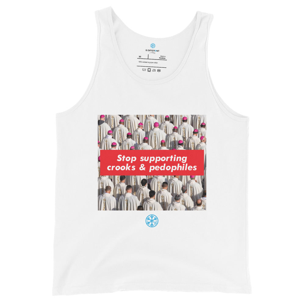White-Vatican Crooks Tank Top from B.Different Clothing, front view, graffiti-inspired streetwear