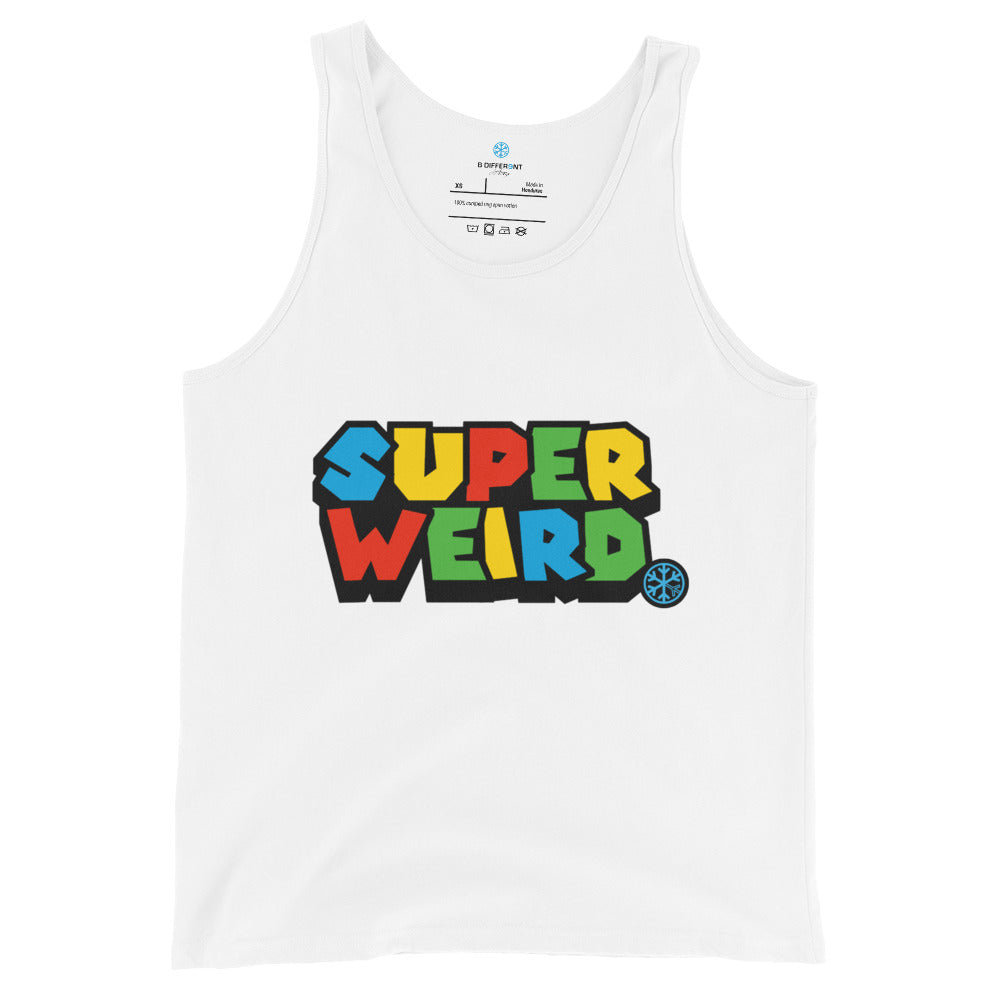 White-Super Weird Tank Top from B.Different Clothing, front view, graffiti-inspired streetwear