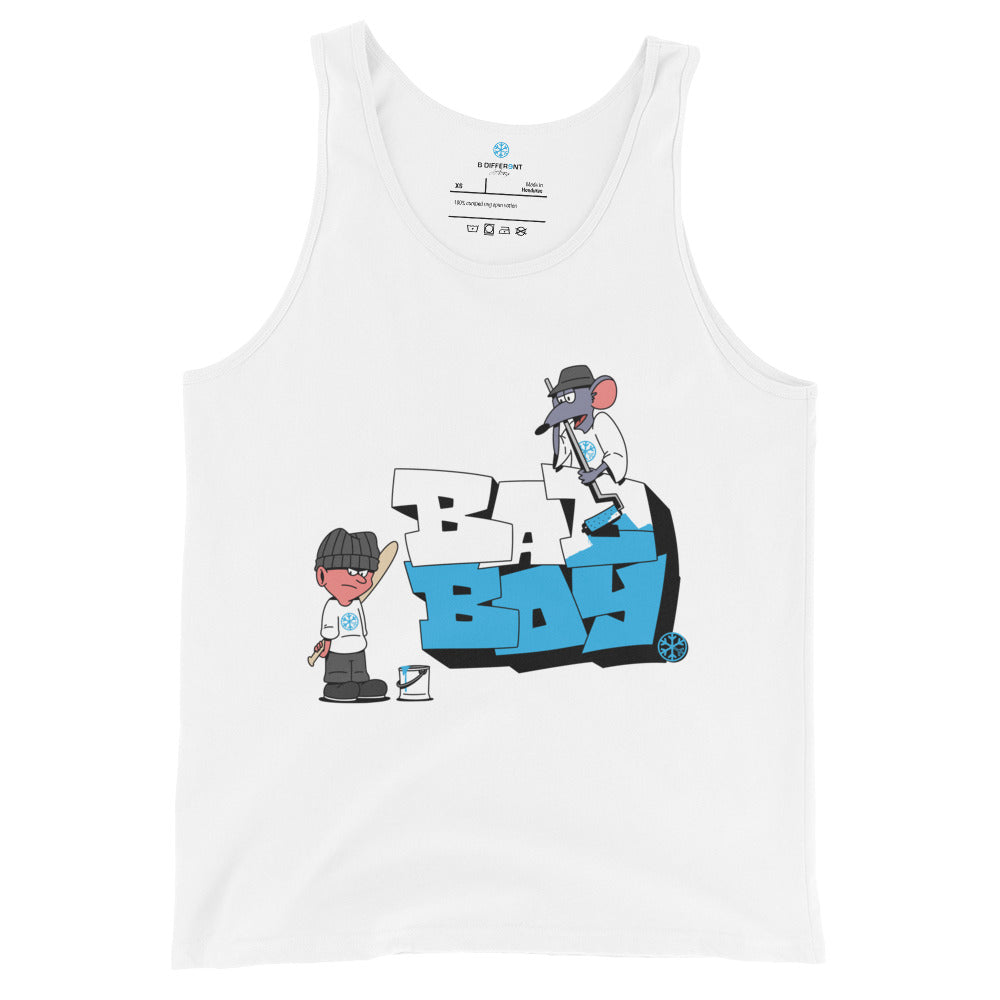 White-Bad Boy Graffiti Tank Top from B.Different Clothing, front view, graffiti-inspired streetwear