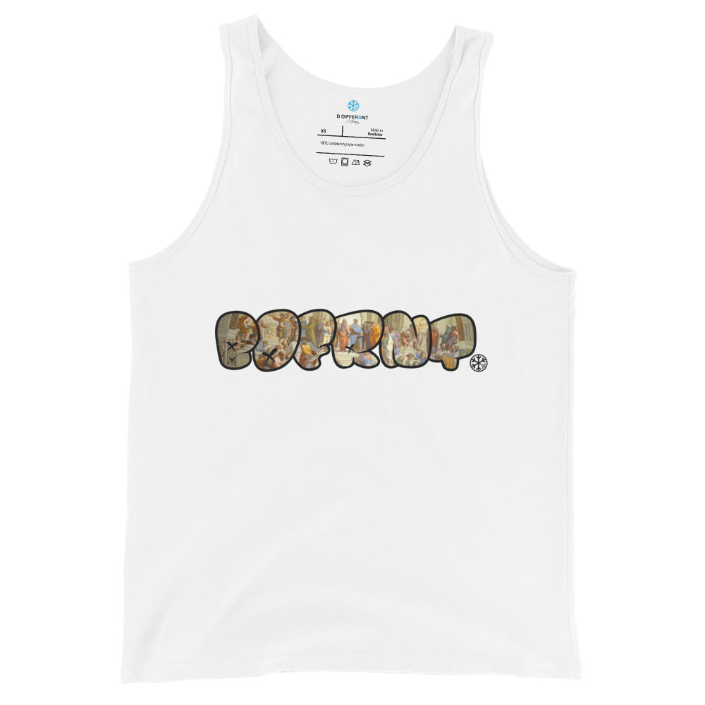 White-BDFRNT Throwie x School of Athens Graffiti Tank Top from B.Different Clothing, front view, graffiti-inspired streetwear