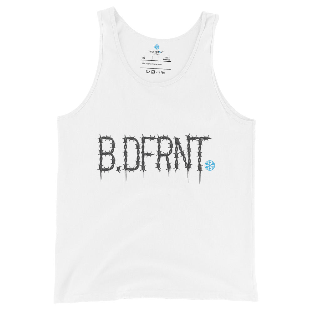 White-B.DFRNT Barbed Wire Tank Top from B.Different Clothing, front view, graffiti-inspired streetwear