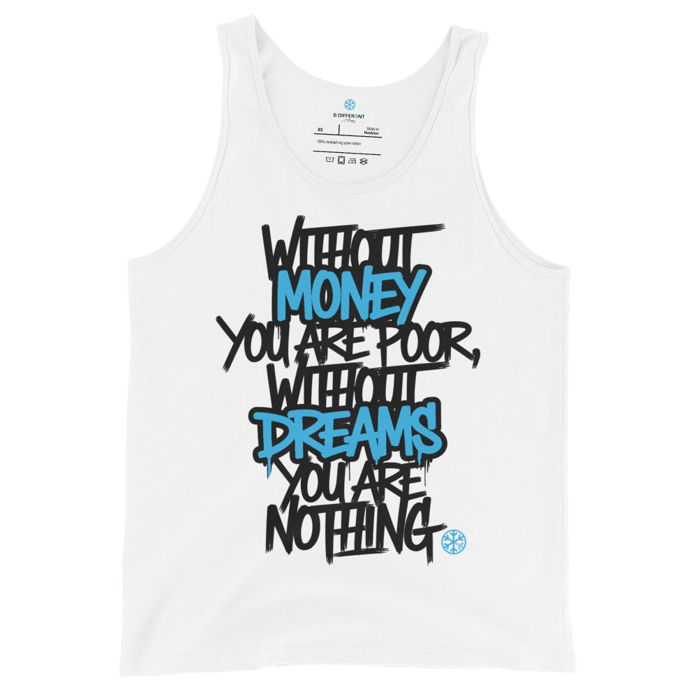 White-Without Dreams You Are Nothing Graffiti Tank Top from B.Different Clothing, front view, graffiti-inspired streetwear