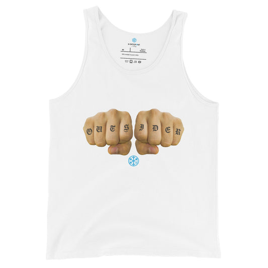 White-Outsider Tattoo Tank Top from B.Different Clothing, front view, graffiti-inspired streetwear