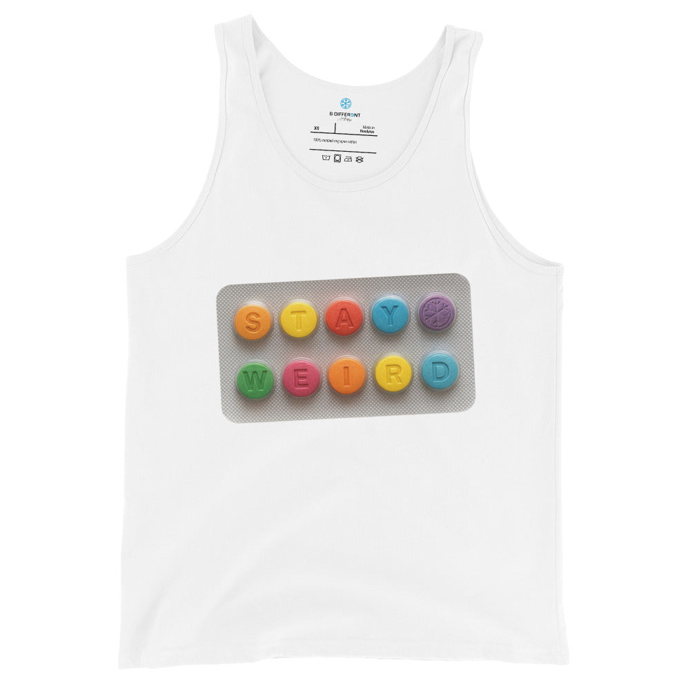 White-Stay Weird Pills Tank Top from B.Different Clothing, front view, graffiti-inspired streetwear