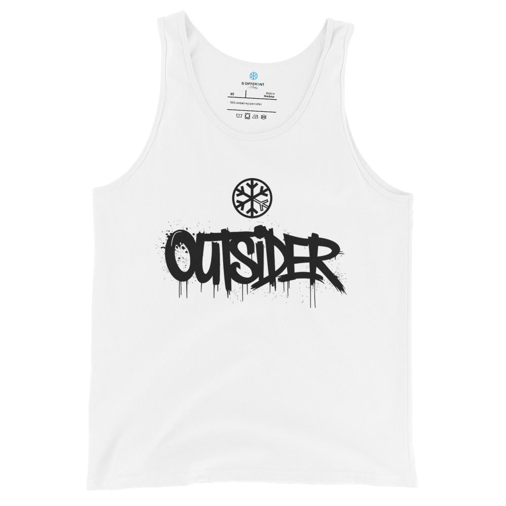 White-Outsider Graffiti Tag Tank Top from B.Different Clothing, front view, graffiti-inspired streetwear