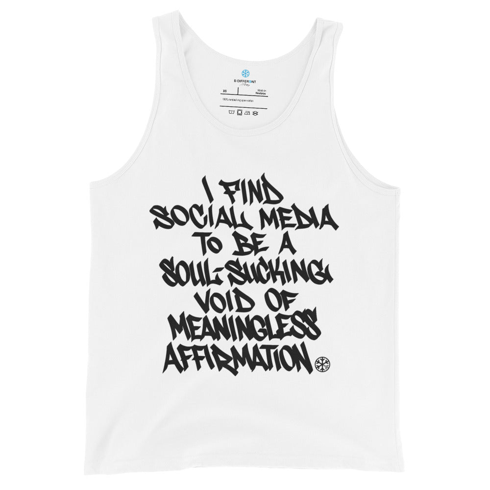 White-Social Media Graffiti Tag Tank Top from B.Different Clothing, front view, graffiti-inspired streetwear