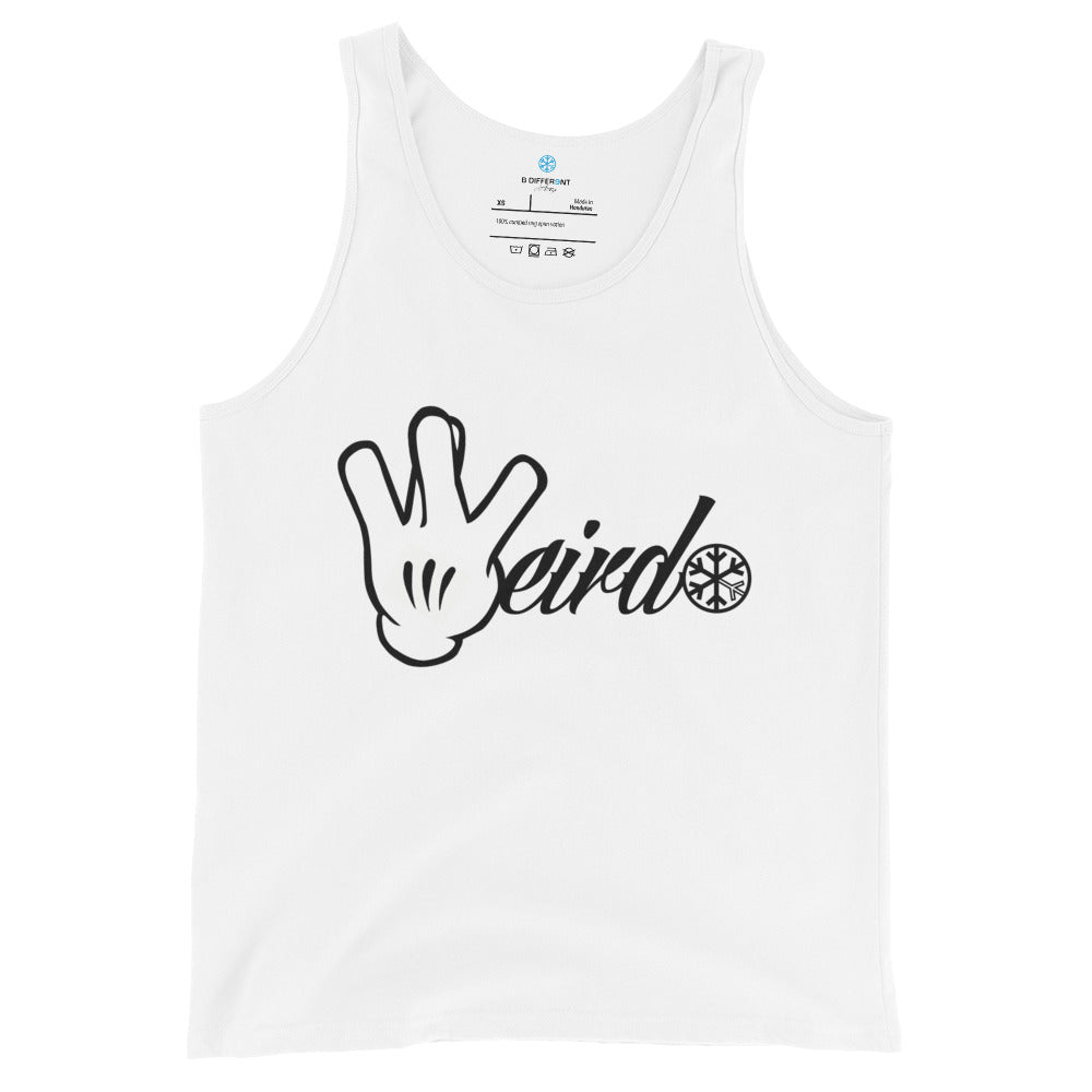 White-Weirdo Hand Sign Tank Top from B.Different Clothing, front view, graffiti-inspired streetwear