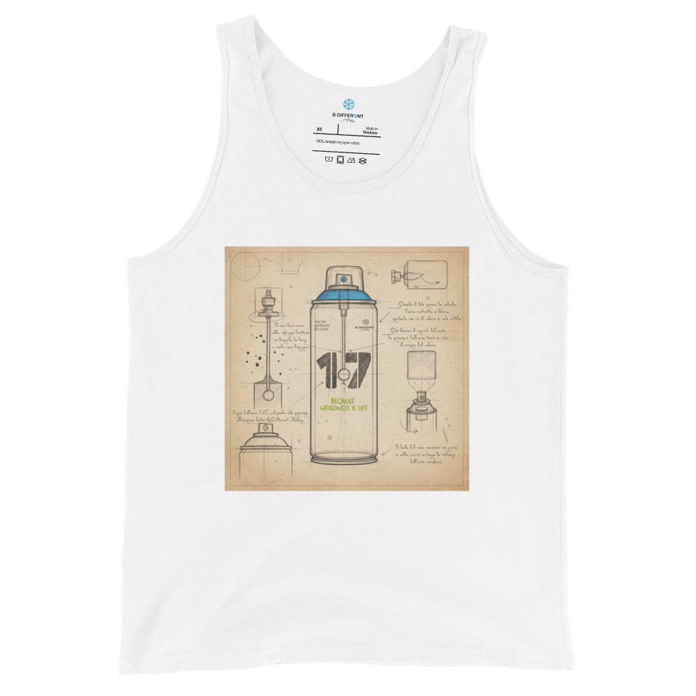 White-Spray Can Sketch Graffiti Tank Top from B.Different Clothing, front view, graffiti-inspired streetwear