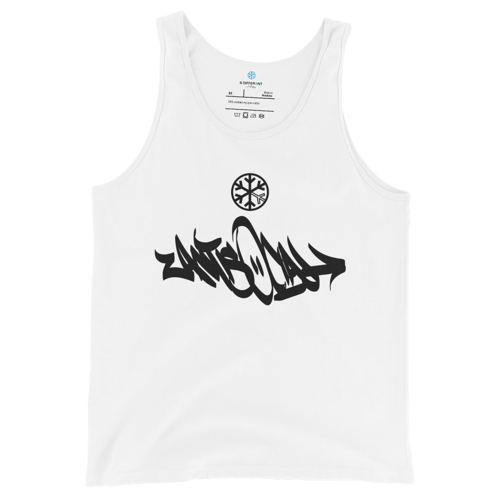 White-Antisocial Graffiti Tag Tank Top from B.Different Clothing, front view, graffiti-inspired streetwear