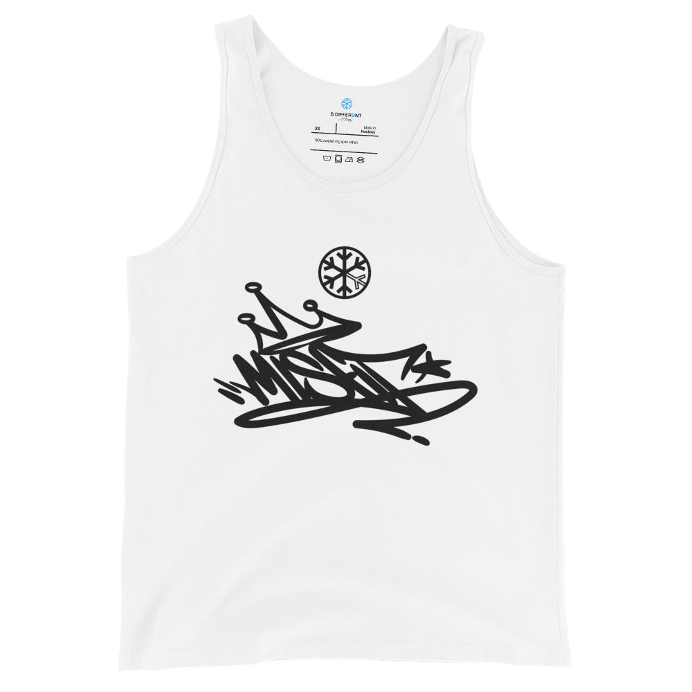 White-Misfit Graffiti Tag Tank Top from B.Different Clothing, front view, graffiti-inspired streetwear