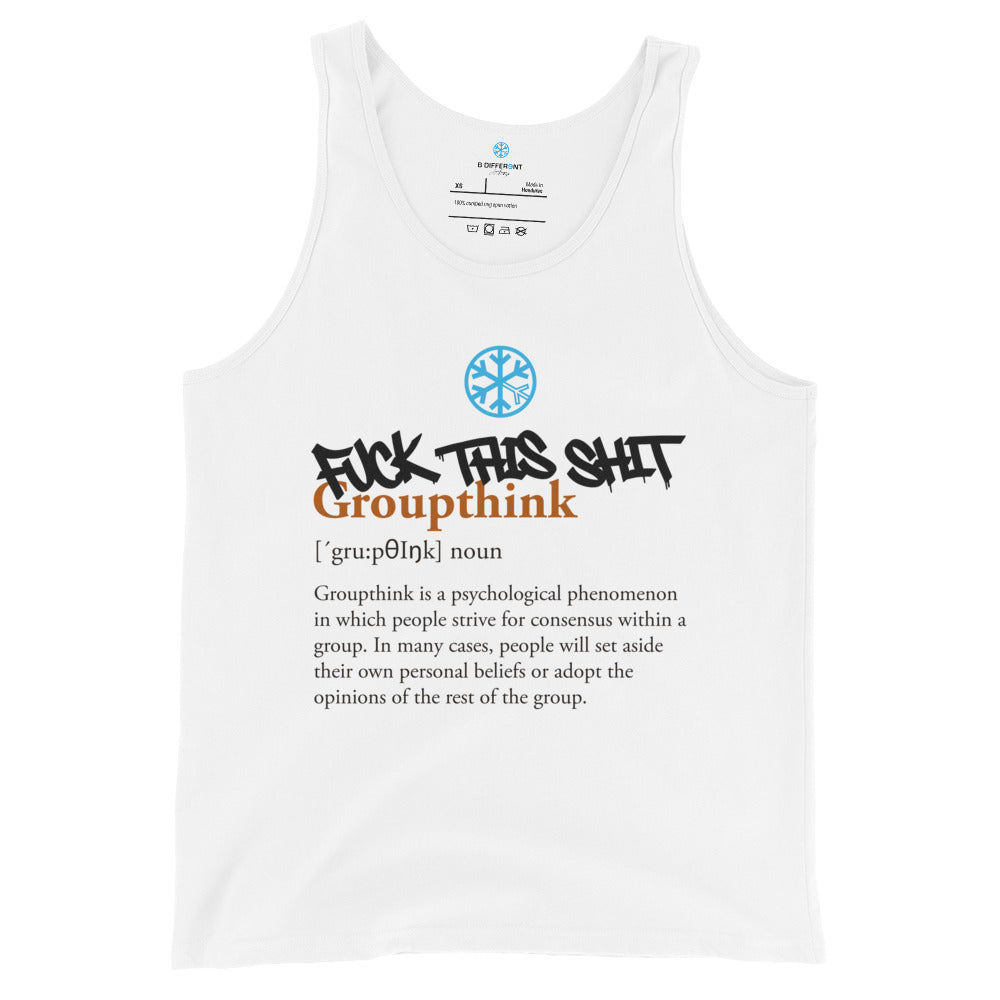 White-Groupthink Graffiti Tank Top from B.Different Clothing, front view, graffiti-inspired streetwear