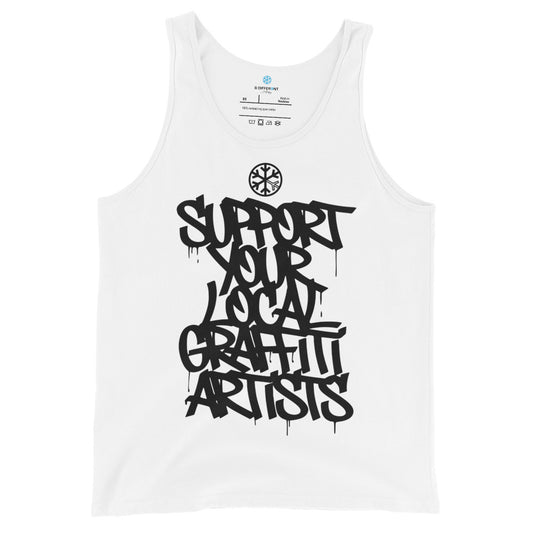 White-Support Your Local Graffiti Artists Tank Top from B.Different Clothing, front view, graffiti-inspired streetwear