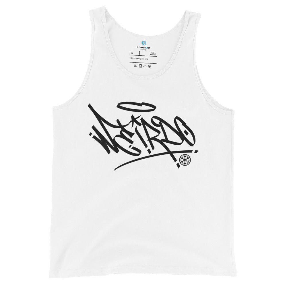 White-Weirdo Tag Graffiti Tank Top from B.Different Clothing, front view, graffiti-inspired streetwear