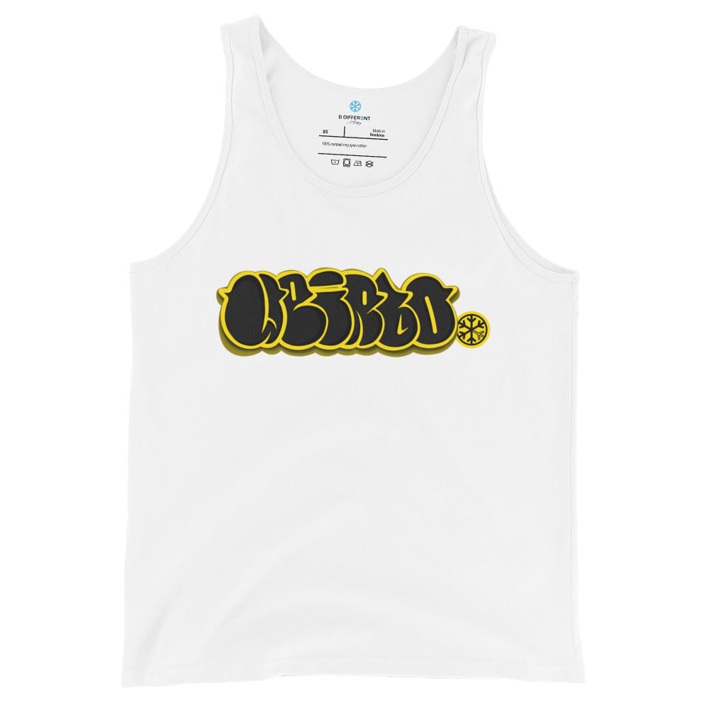 White-Weirdo Graffiti Throwie Tank Top from B.Different Clothing, front view, graffiti-inspired streetwear