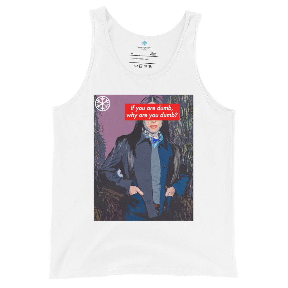 White-Why Are You Dumb Tank Top from B.Different Clothing, front view, graffiti-inspired streetwear mockup