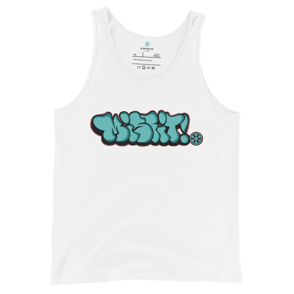 White-Misfit Graffiti Throwie Tank Top from B.Different Clothing, front view, graffiti-inspired streetwear