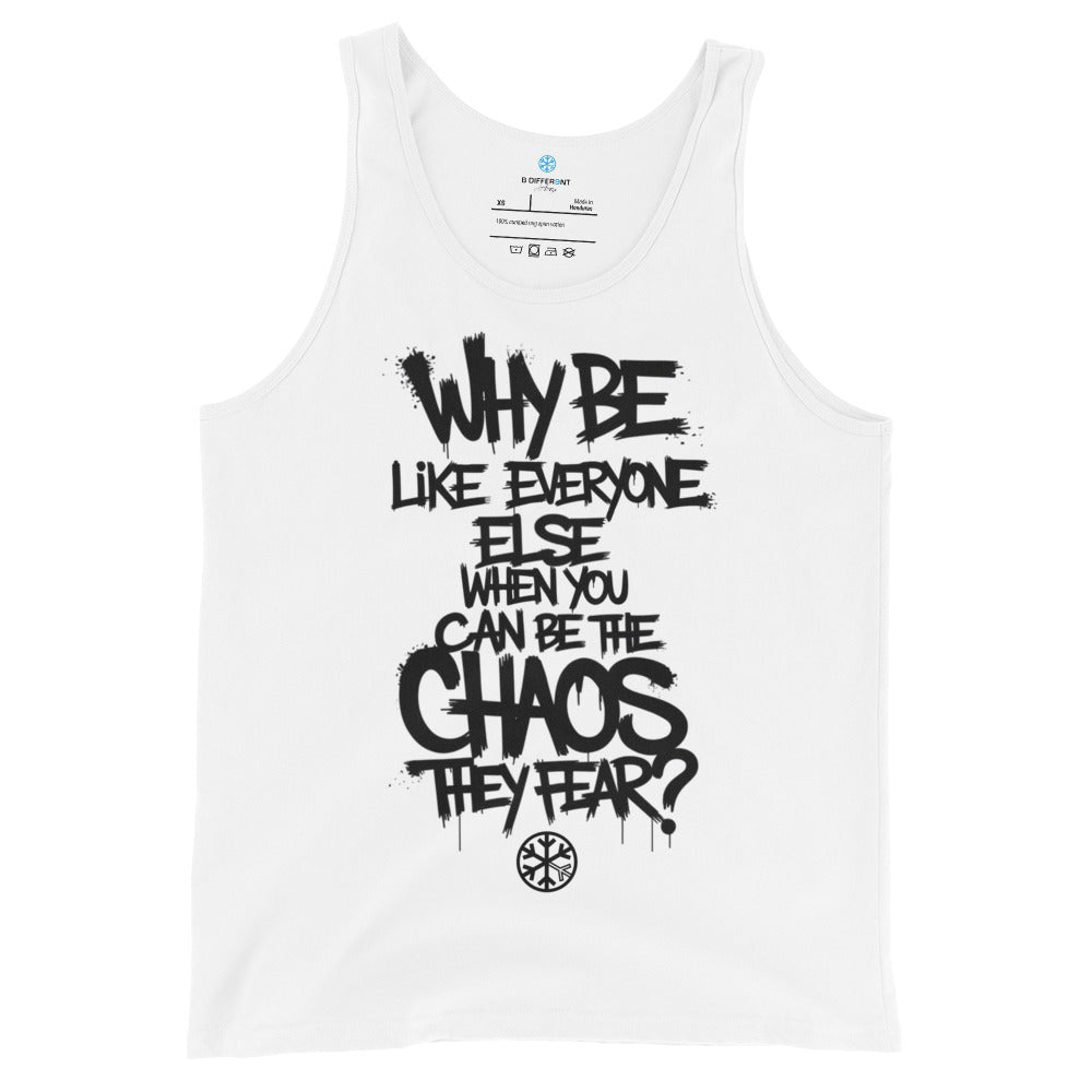White-Chaos They Fear Graffiti Tag Tank Top from B.Different Clothing, front view, graffiti-inspired streetwear