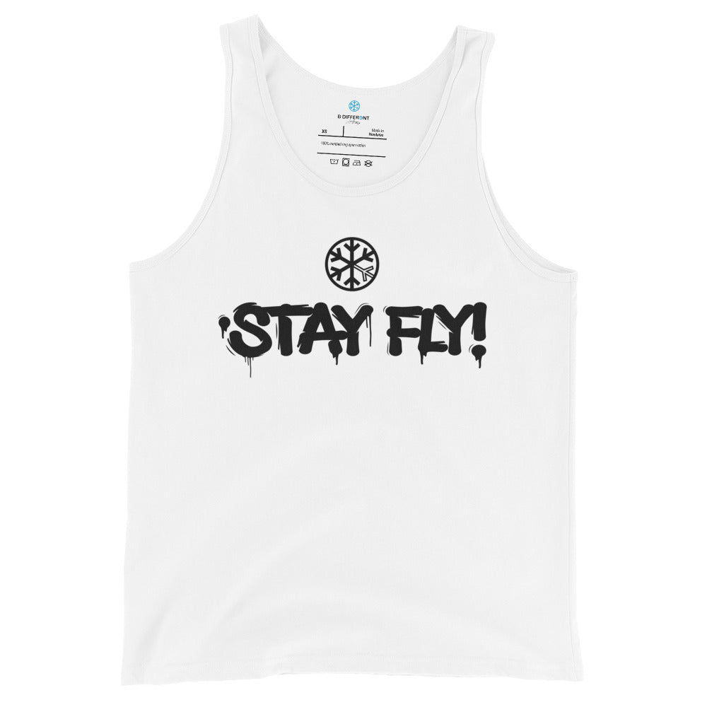 White-Stay Fly Graffiti Tag Tank Top from B.Different Clothing, front view, graffiti-inspired streetwear