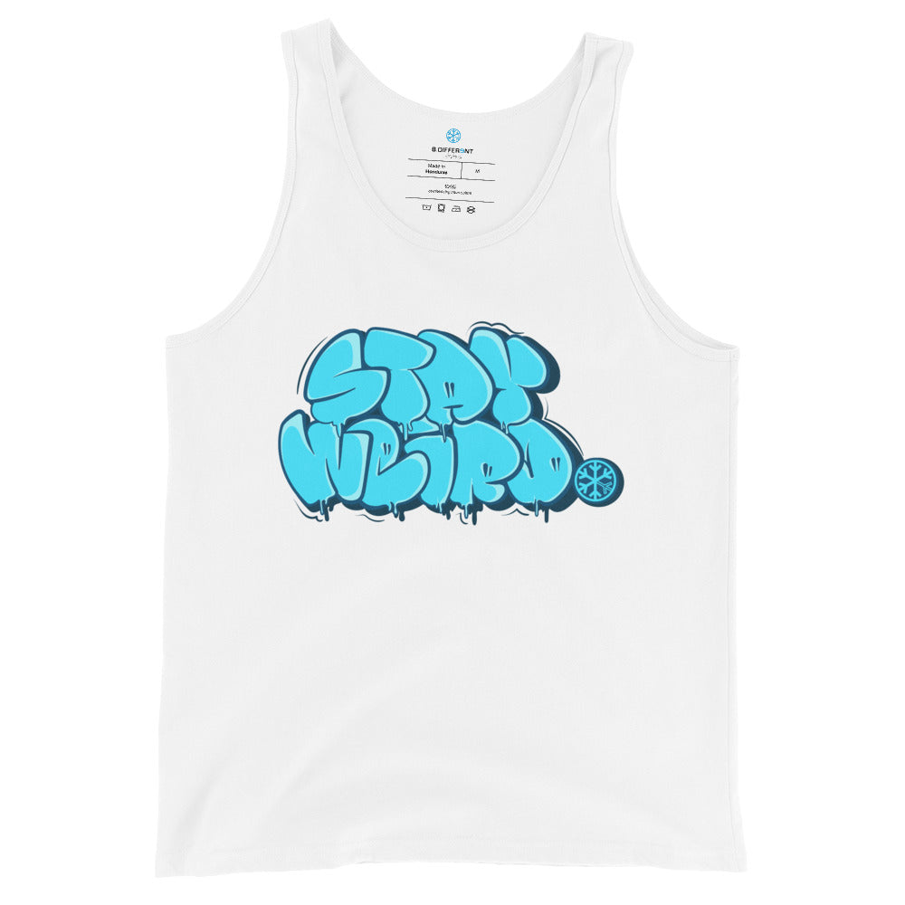 White-Stay Weird Graffiti Throw-up Tank Top from B.Different Clothing, front view, graffiti-inspired streetwear