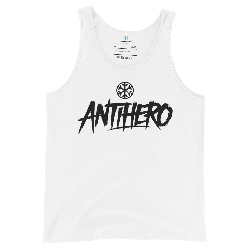 White-Antihero Graffiti Tag Tank Top from B.Different Clothing, front view, graffiti-inspired streetwear