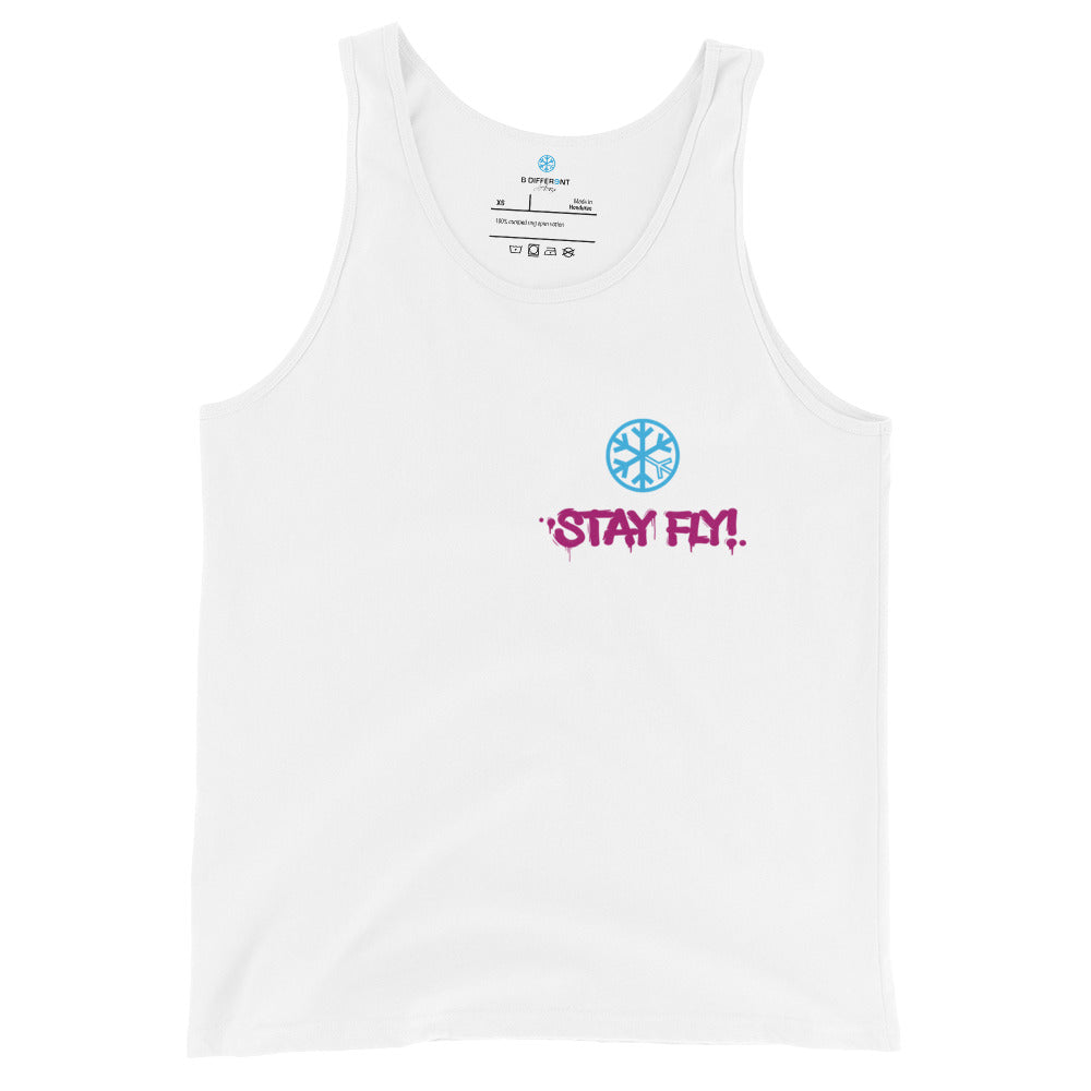 White-Stay Fly Graffiti Character Tank Top from B.Different Clothing, front view, graffiti-inspired streetwear
