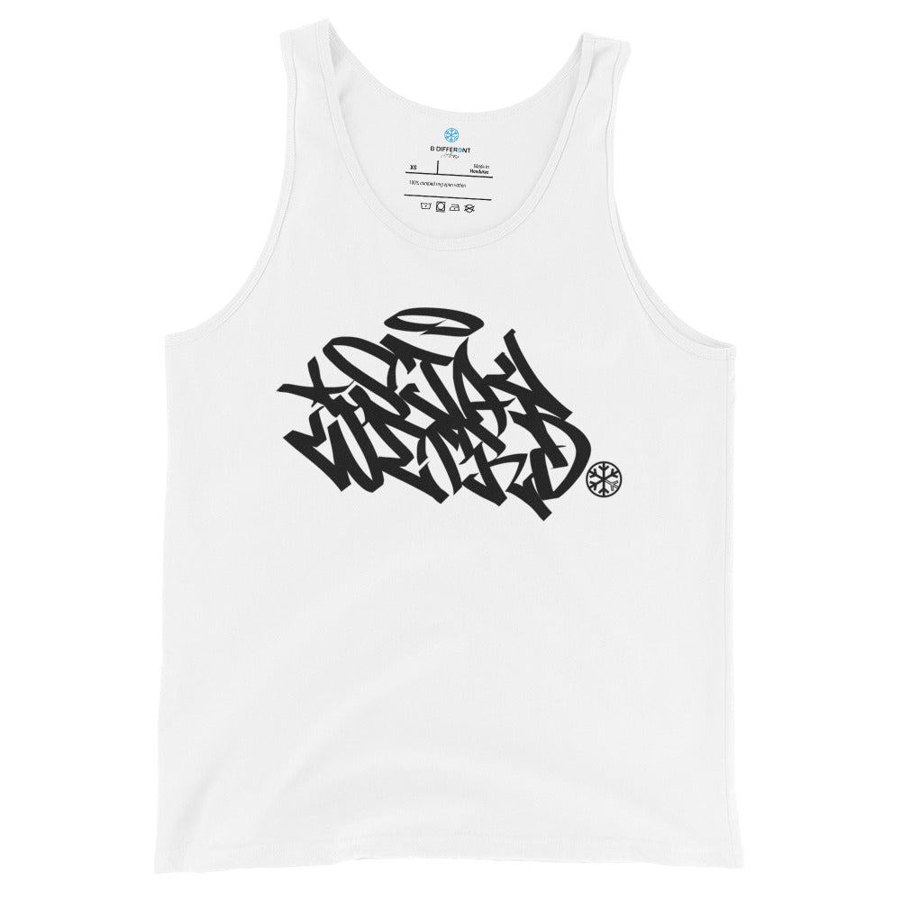 White-Stay Weird Graffiti Tag Tank Top from B.Different Clothing, front view, graffiti-inspired streetwear