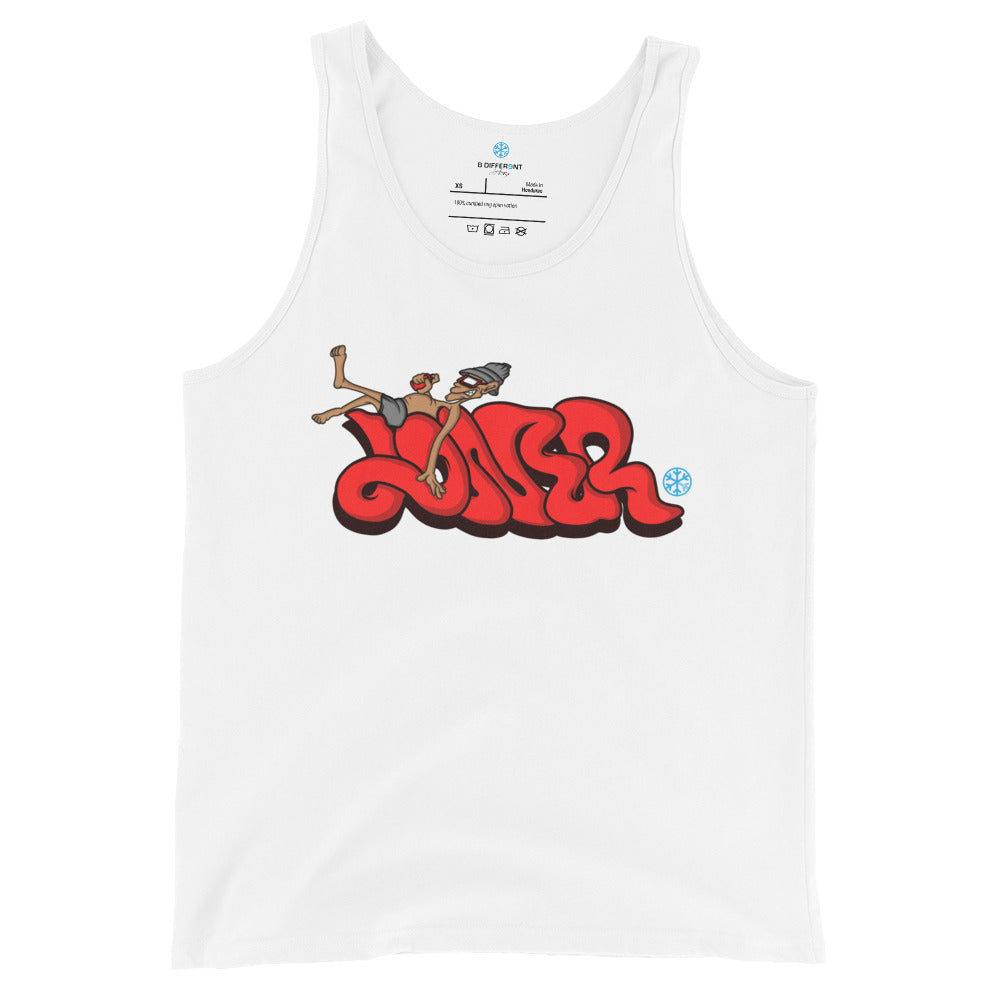 White-Loner Graffiti Piece Tank Top from B.Different Clothing, front view, graffiti-inspired streetwear