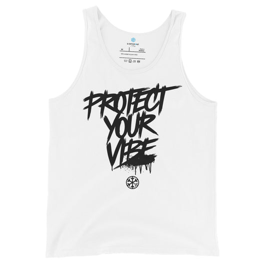 White-Protect Your Vibe Graffiti Tag Tank Top from B.Different Clothing, front view, graffiti-inspired streetwear