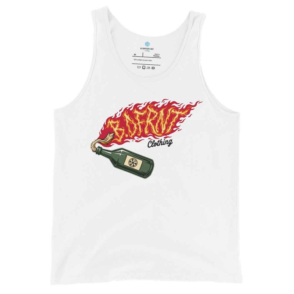 White-Molotov Graffiti Tank Top from B.Different Clothing, front view, graffiti-inspired streetwear
