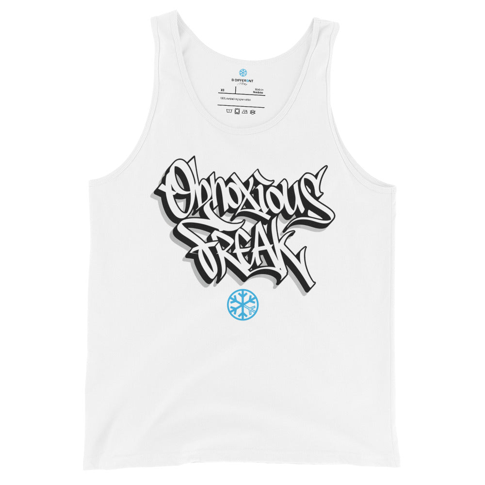 White-Obnoxious Freak Graffiti Tank Top from B.Different Clothing, front view, graffiti-inspired streetwear