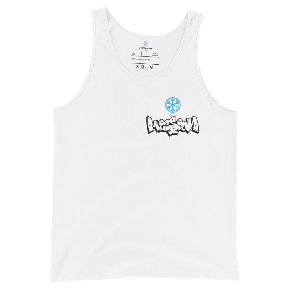 White-Mission Graffiti Character Tank Top from B.Different Clothing, front view, graffiti-inspired streetwear