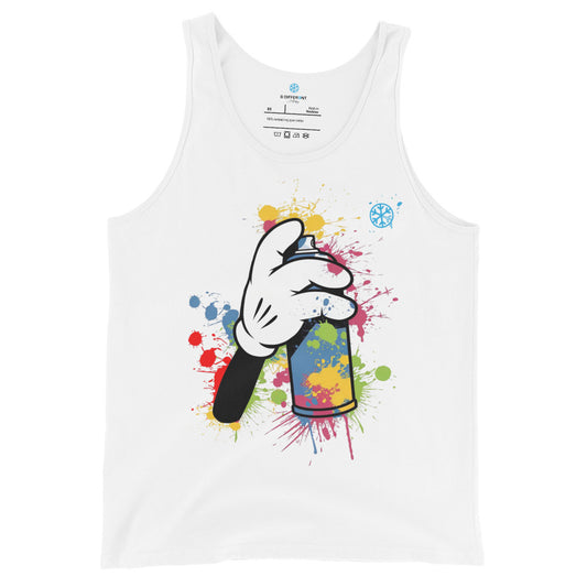 White-Hand Spray Can Graffiti Tank Top from B.Different Clothing, front view, graffiti-inspired streetwear
