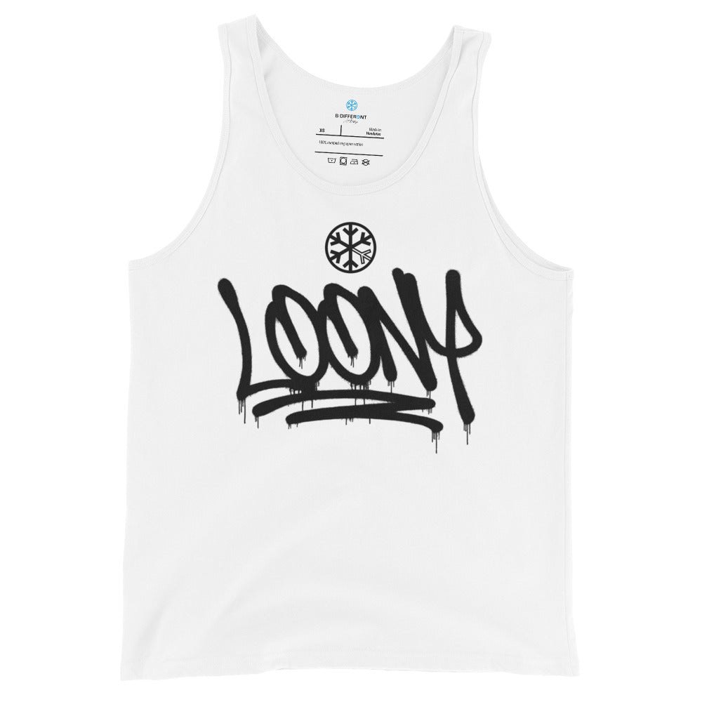White-Loony Graffiti Tag Tank Top from B.Different Clothing, front view, graffiti-inspired streetwear