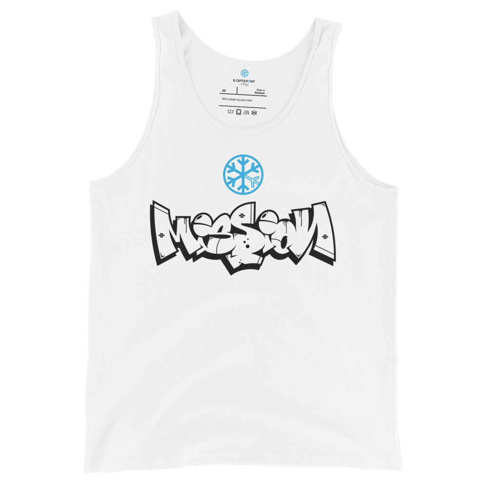 White-Mission Graffiti Piece Tank Top from B.Different Clothing, front view, graffiti-inspired streetwear