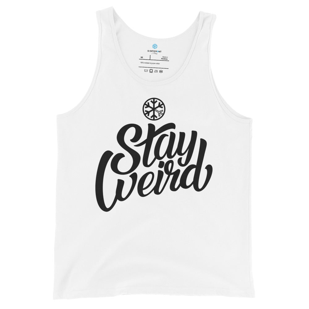 White-Stay Weird Tank Top from B.Different Clothing, front view, graffiti-inspired streetwear