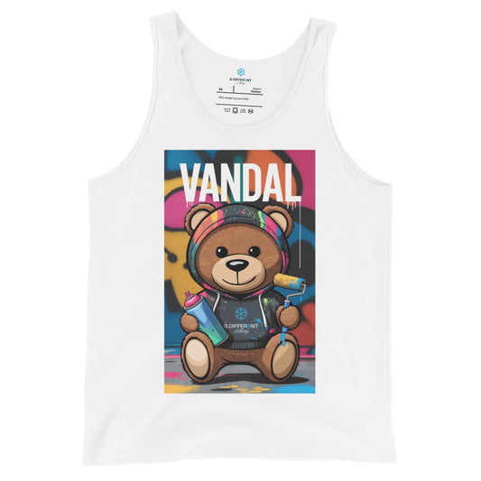 White-Vandal Teddy Bear Graffiti Tank Top from B.Different Clothing, front view, graffiti-inspired streetwear
