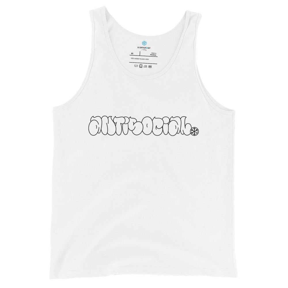 White-Antisocial Graffiti Hollow Tank Top from B.Different Clothing, front view, graffiti-inspired streetwear