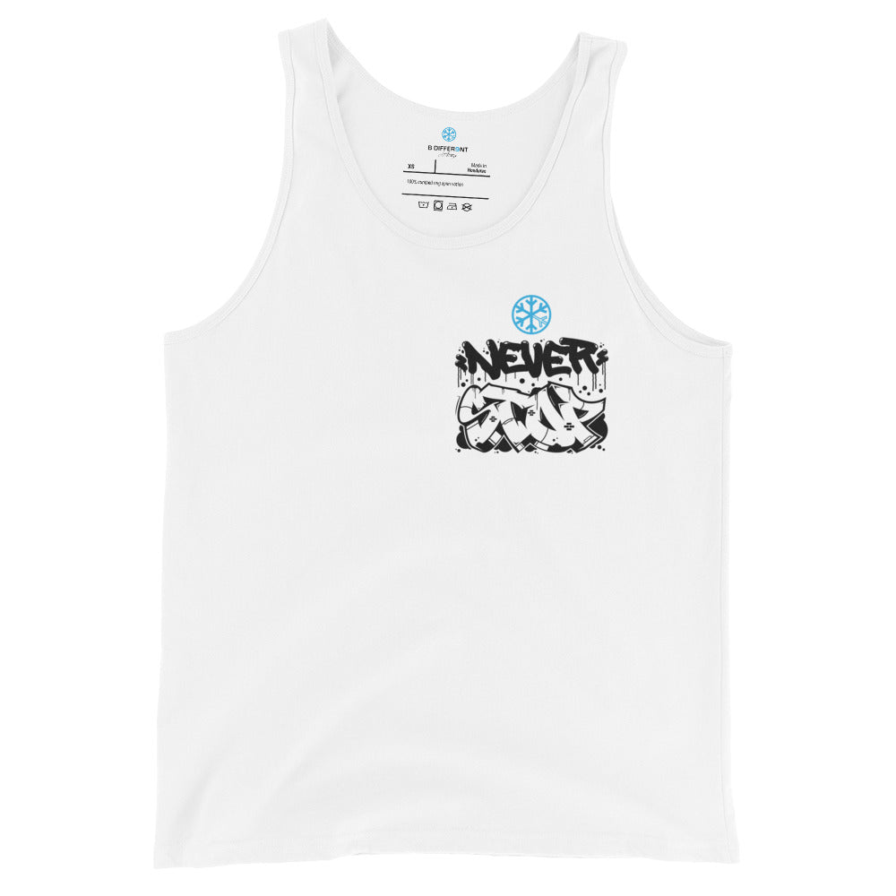 White-Never Stop Graffiti Character Tank Top from B.Different Clothing, front view, graffiti-inspired streetwear