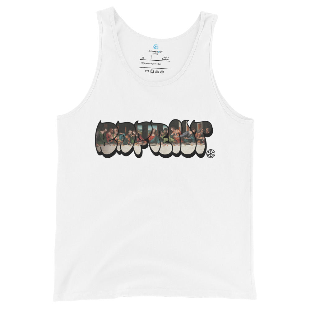 White-BDFRNT Throwie x Last Supper Graffiti Tank Top from B.Different Clothing, front view, graffiti-inspired streetwear