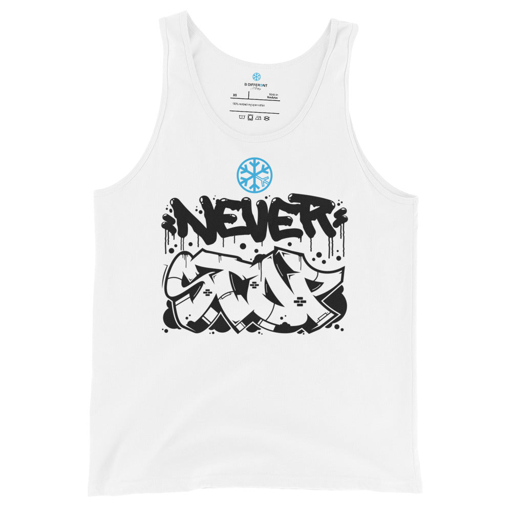 White-Never Stop Graffiti Piece Tank Top from B.Different Clothing, front view, graffiti-inspired streetwear