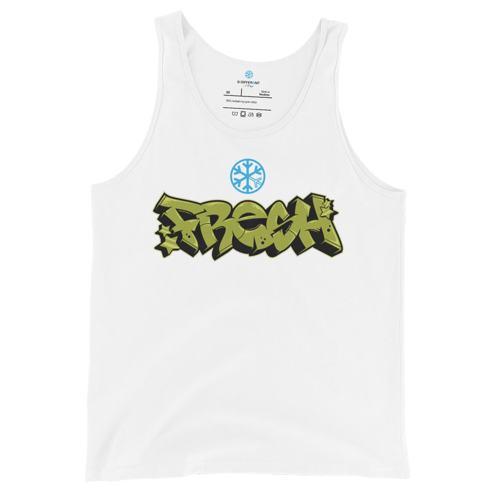 White-Fresh Graffiti Piece Tank Top from B.Different Clothing, front view, graffiti-inspired streetwear
