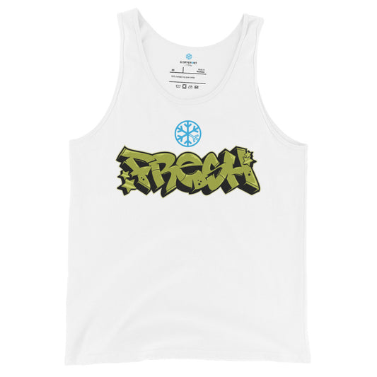 White-Fresh Graffiti Piece Tank Top from B.Different Clothing, front view, graffiti-inspired streetwear