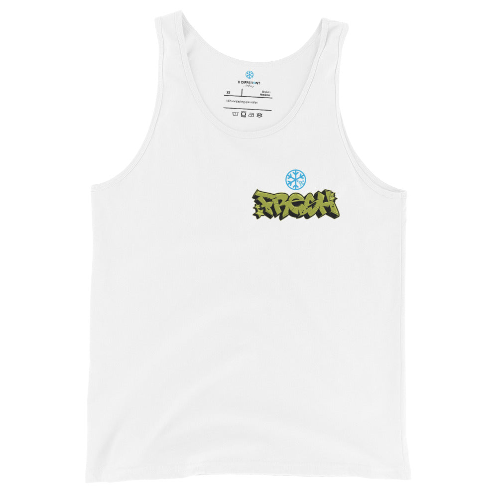 White-Fresh Graffiti Character Tank Top from B.Different Clothing, front view, graffiti-inspired streetwear