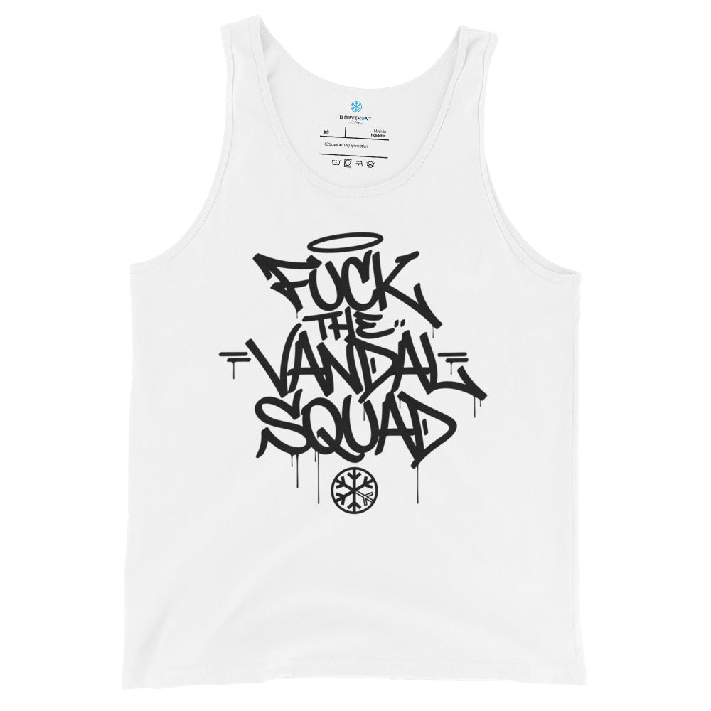 White-Fuck The Vandal Squad Graffiti Tank Top from B.Different Clothing, front view, graffiti-inspired streetwear