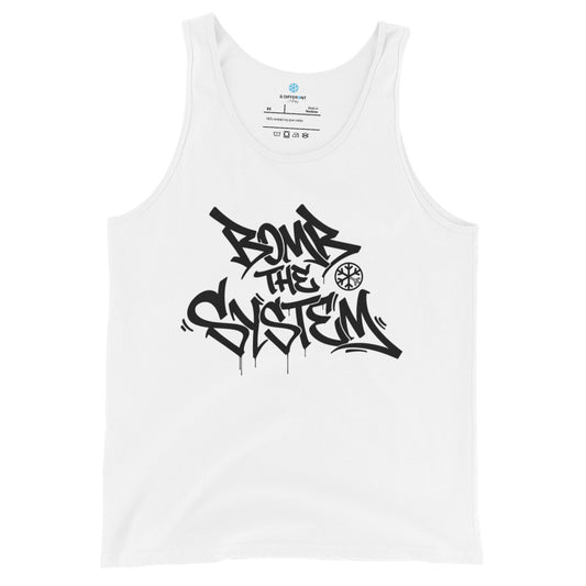 White-Bomb The System Graffiti Tank Top from B.Different Clothing, front view, graffiti-inspired streetwear
