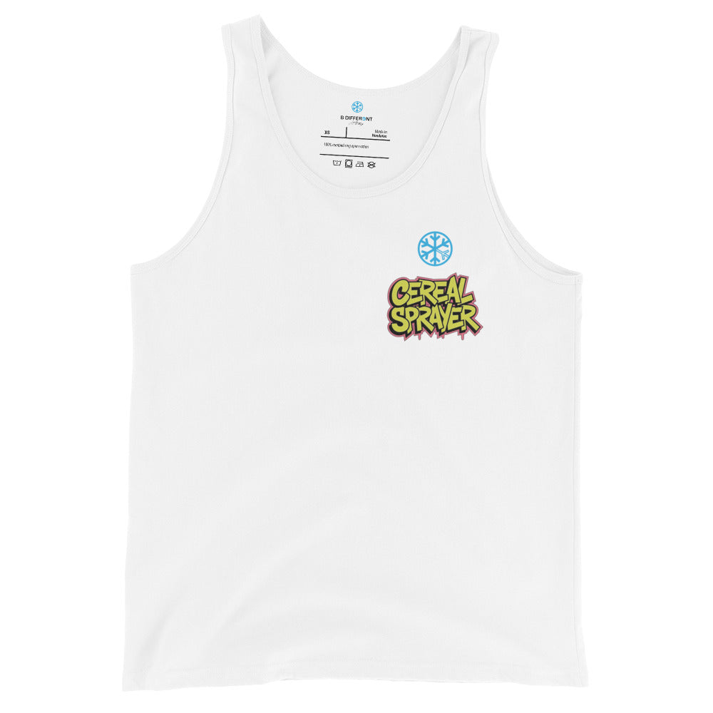 White-Cereal Sprayer Graffiti Tank Top from B.Different Clothing, front view, graffiti-inspired streetwear